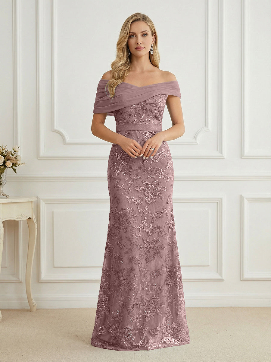 Mermaid Off Shoulder Short Sleeve Long Mother of the Bride Dress