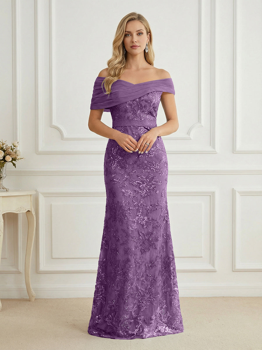 Mermaid Off Shoulder Short Sleeve Long Mother of the Bride Dress