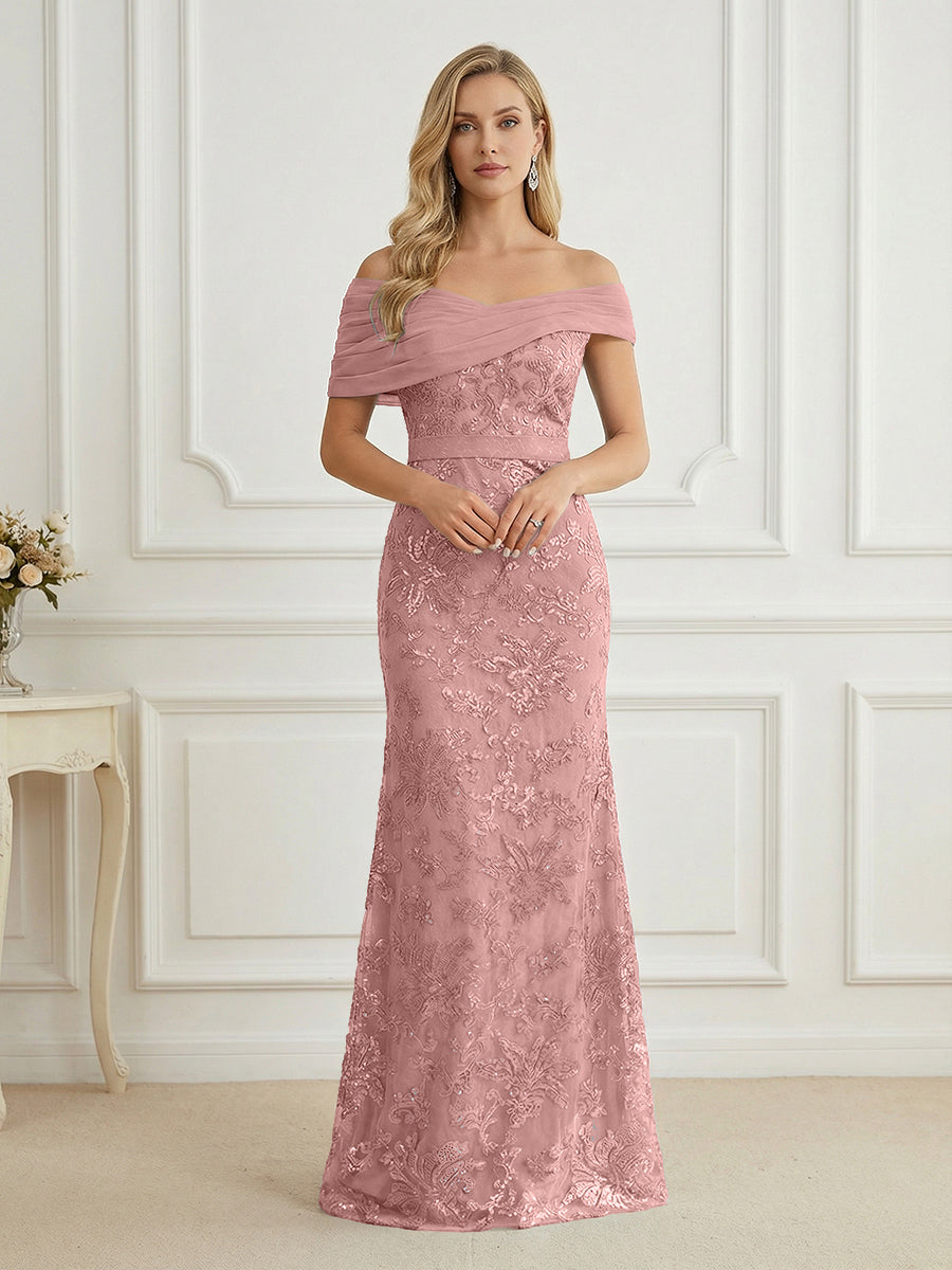 Mermaid Off Shoulder Short Sleeve Long Mother of the Bride Dress