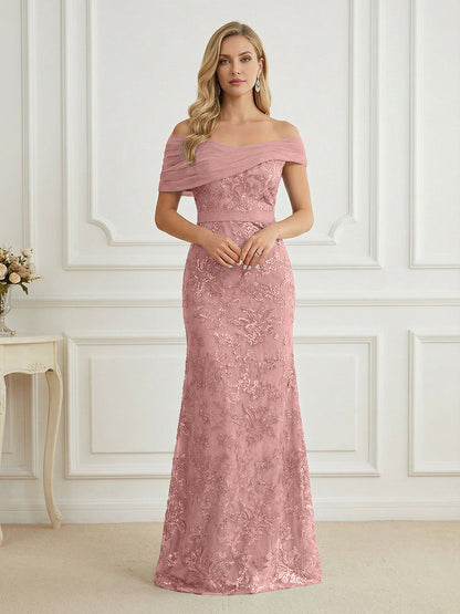Mermaid Off Shoulder Short Sleeve Long Mother of the Bride Dress