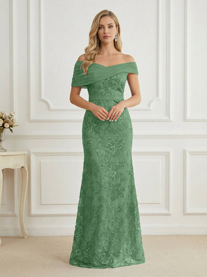 Mermaid Off Shoulder Short Sleeve Long Mother of the Bride Dress