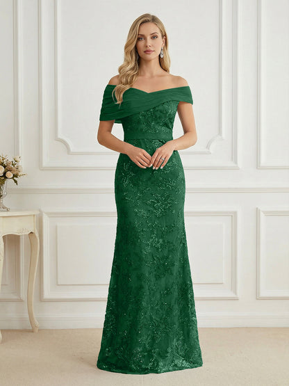Mermaid Off Shoulder Short Sleeve Long Mother of the Bride Dress