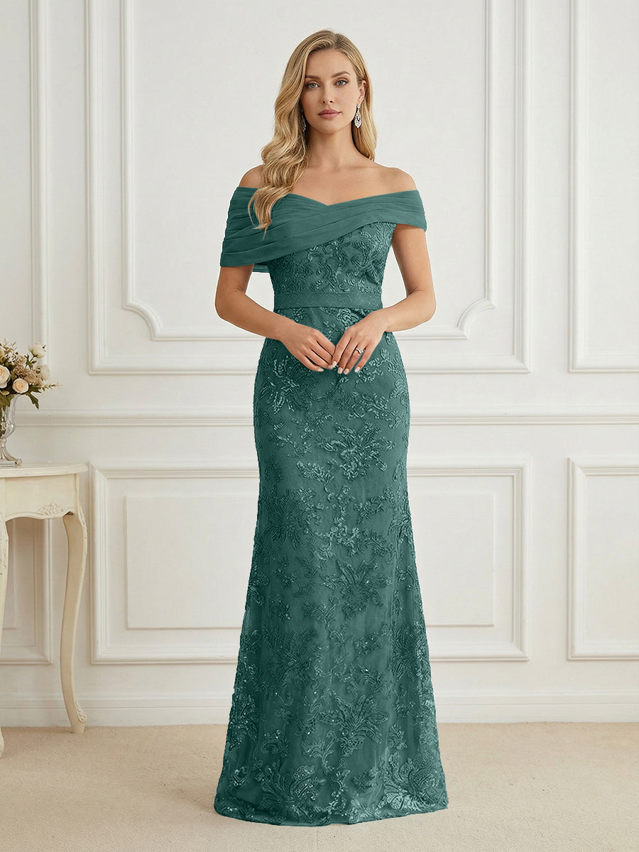 Mermaid Off Shoulder Short Sleeve Long Mother of the Bride Dress