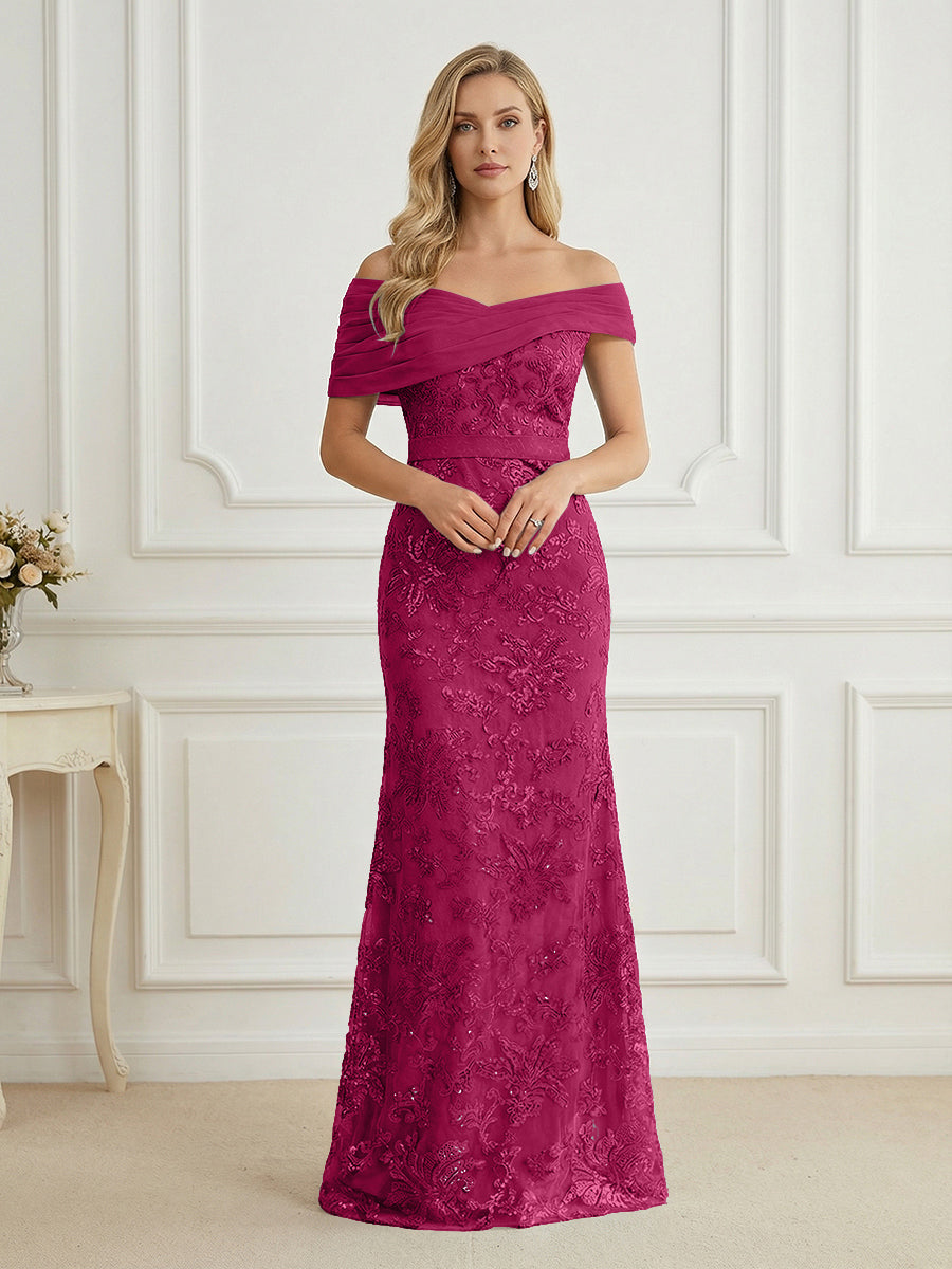 Mermaid Off Shoulder Short Sleeve Long Mother of the Bride Dress
