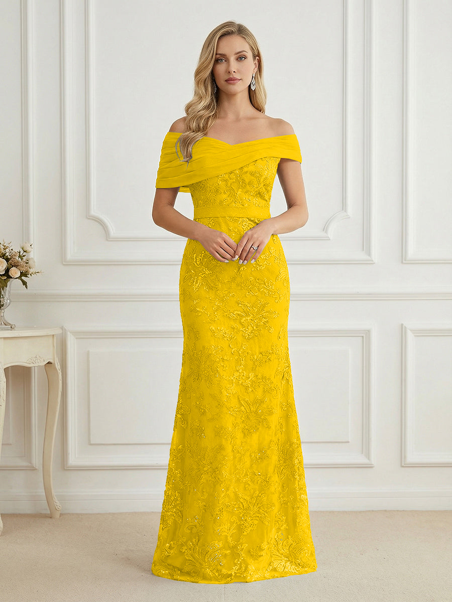 Mermaid Off Shoulder Short Sleeve Long Mother of the Bride Dress