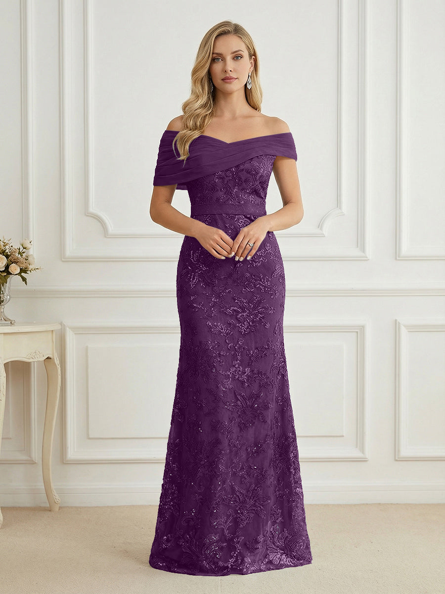 Mermaid Off Shoulder Short Sleeve Long Mother of the Bride Dress