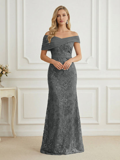 Mermaid Off Shoulder Short Sleeve Long Mother of the Bride Dress