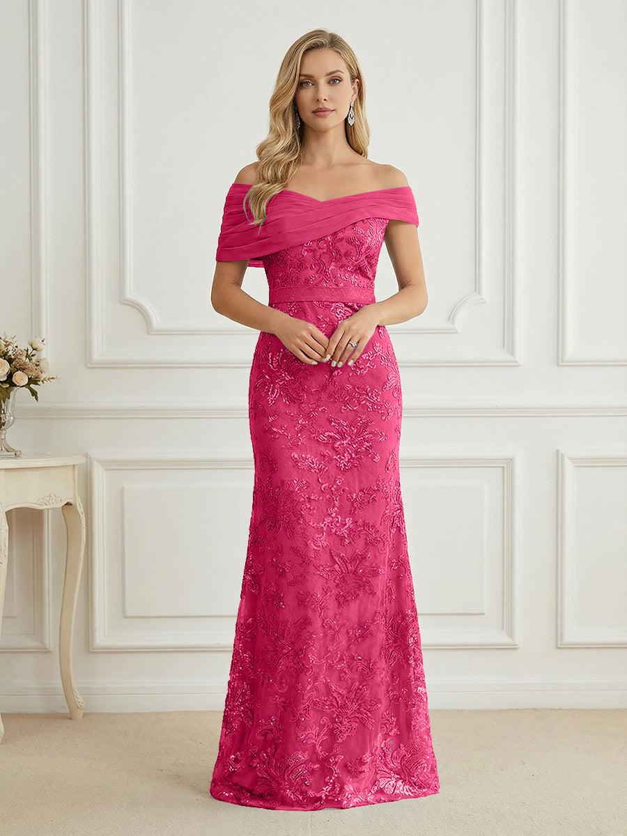 Mermaid Off Shoulder Short Sleeve Long Mother of the Bride Dress