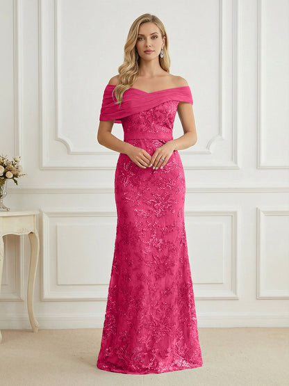 Mermaid Off Shoulder Short Sleeve Long Mother of the Bride Dress