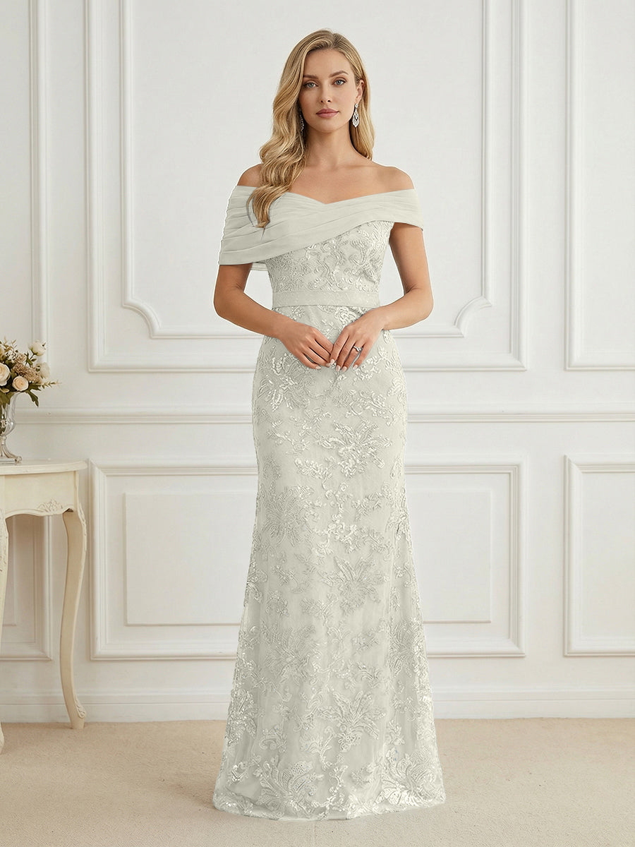 Mermaid Off Shoulder Short Sleeve Long Mother of the Bride Dress