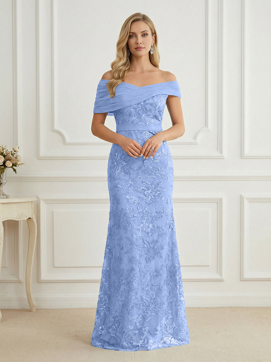 Mermaid Off Shoulder Short Sleeve Long Mother of the Bride Dress
