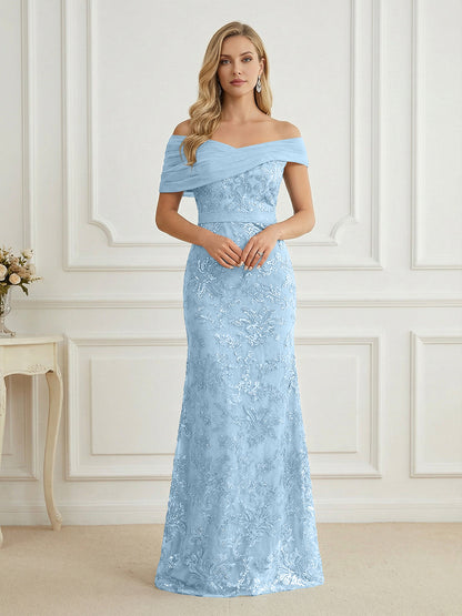 Mermaid Off Shoulder Short Sleeve Long Mother of the Bride Dress