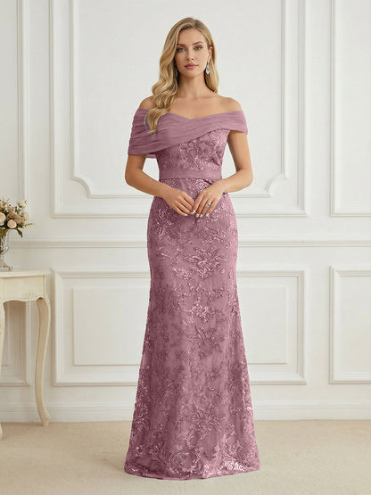 Mermaid Off Shoulder Short Sleeve Long Mother of the Bride Dress
