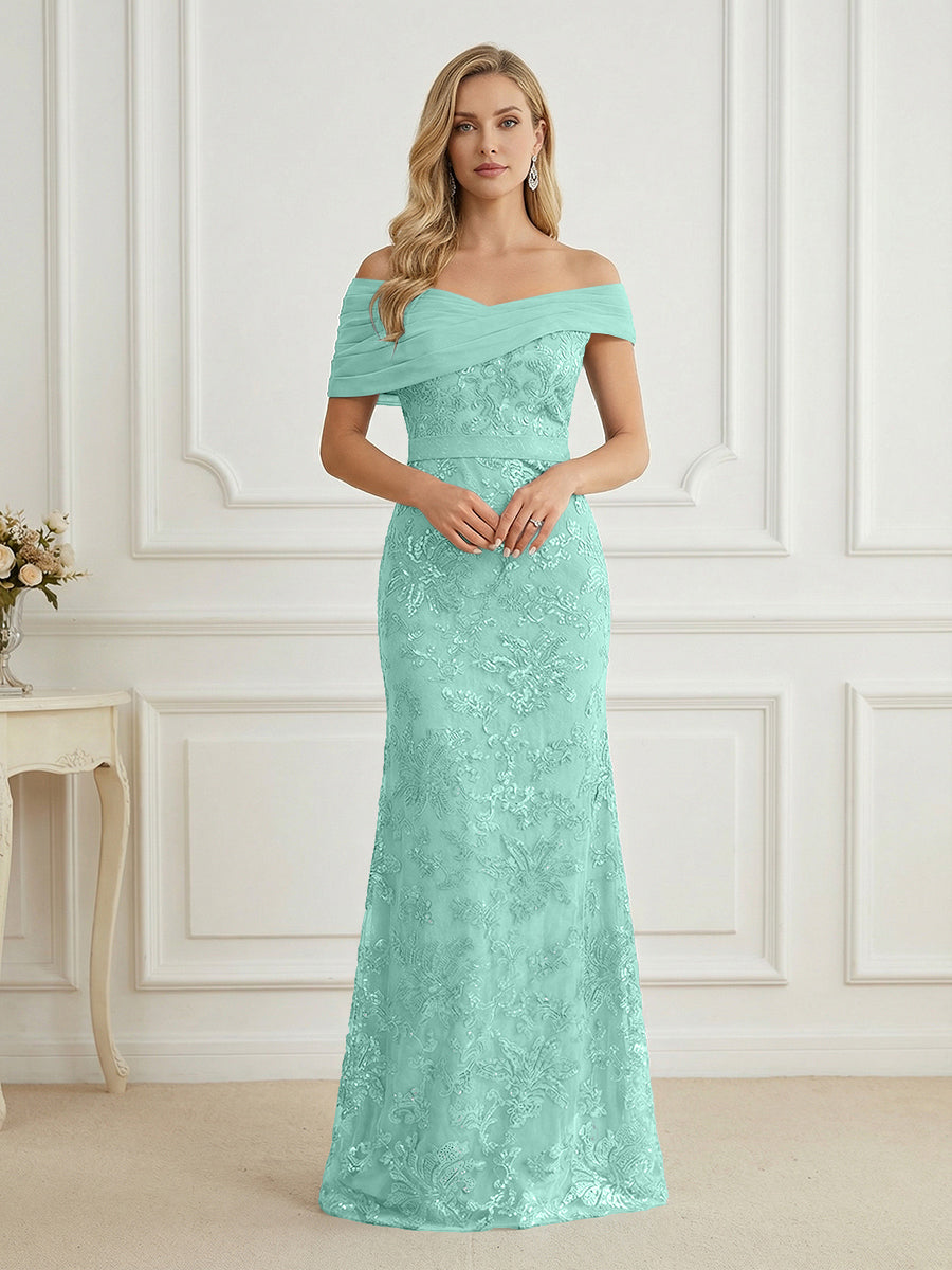 Mermaid Off Shoulder Short Sleeve Long Mother of the Bride Dress