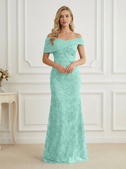 Mermaid Off Shoulder Short Sleeve Long Mother of the Bride Dress