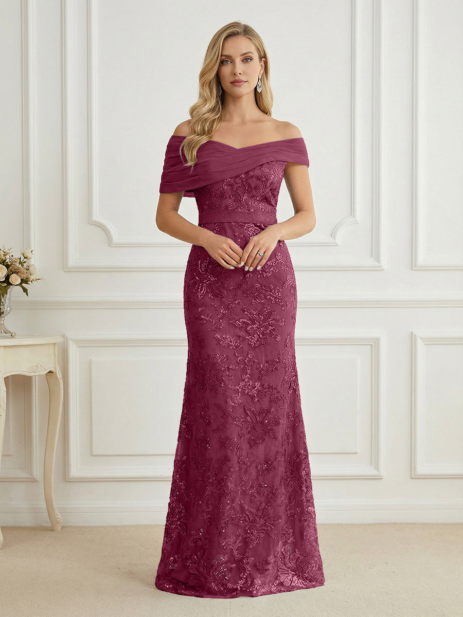 Mermaid Off Shoulder Short Sleeve Long Mother of the Bride Dress