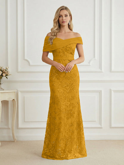 Mermaid Off Shoulder Short Sleeve Long Mother of the Bride Dress