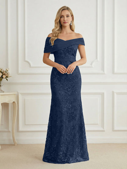 Mermaid Off Shoulder Short Sleeve Long Mother of the Bride Dress