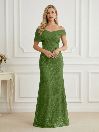 Mermaid Off Shoulder Short Sleeve Long Mother of the Bride Dress