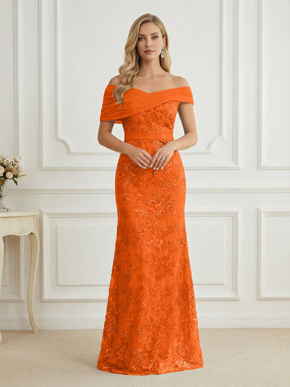 Mermaid Off Shoulder Short Sleeve Long Mother of the Bride Dress
