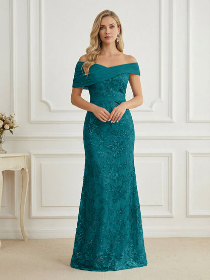 Mermaid Off Shoulder Short Sleeve Long Mother of the Bride Dress