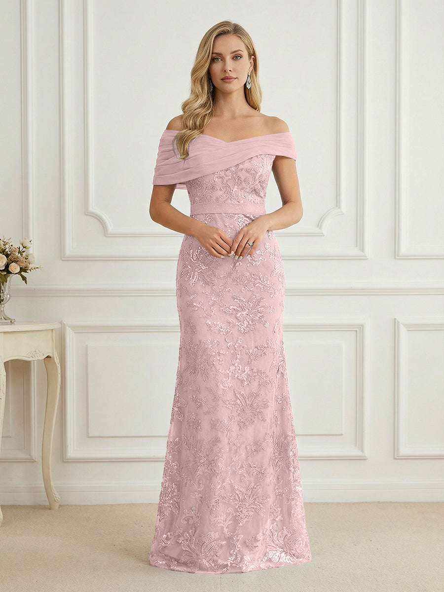 Mermaid Off Shoulder Short Sleeve Long Mother of the Bride Dress