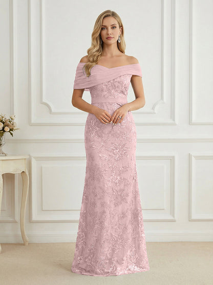 Mermaid Off Shoulder Short Sleeve Long Mother of the Bride Dress