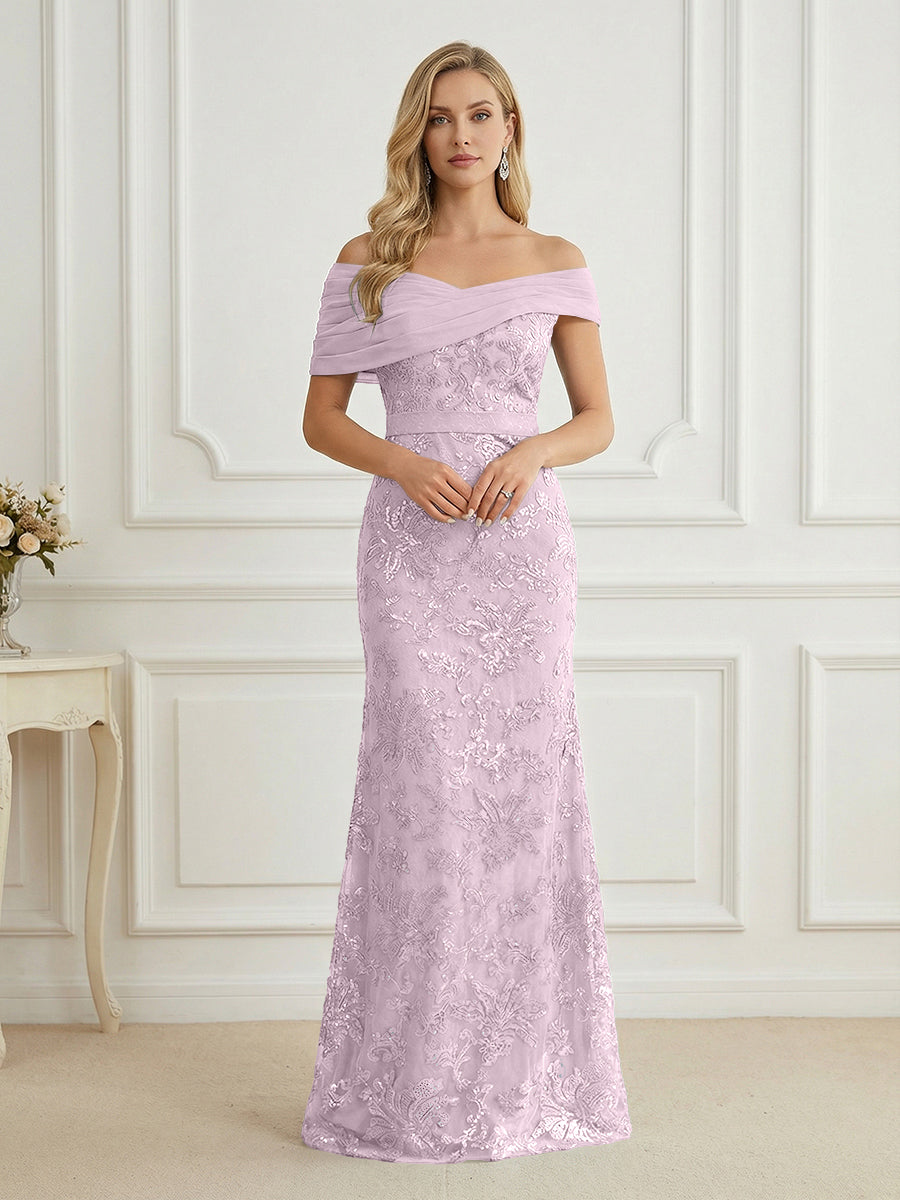 Mermaid Off Shoulder Short Sleeve Long Mother of the Bride Dress