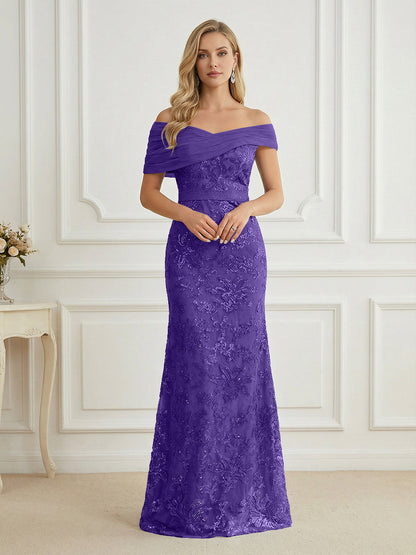 Mermaid Off Shoulder Short Sleeve Long Mother of the Bride Dress