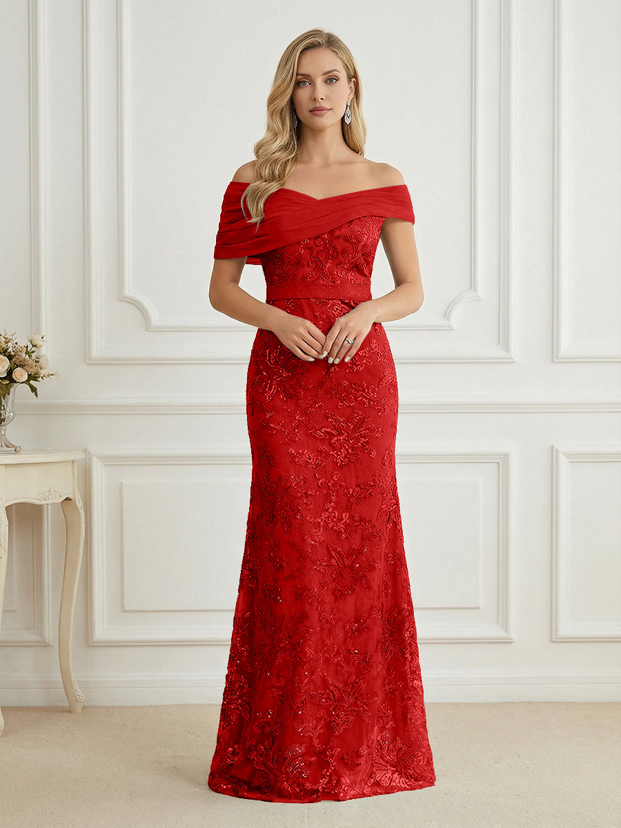 Mermaid Off Shoulder Short Sleeve Long Mother of the Bride Dress