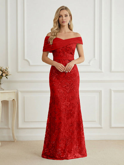 Mermaid Off Shoulder Short Sleeve Long Mother of the Bride Dress