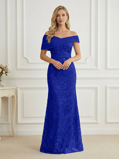 Mermaid Off Shoulder Short Sleeve Long Mother of the Bride Dress