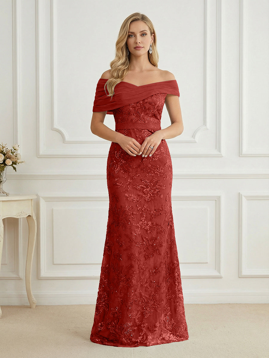 Mermaid Off Shoulder Short Sleeve Long Mother of the Bride Dress