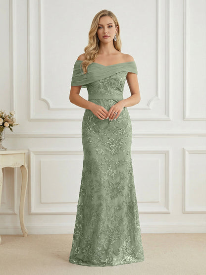 Mermaid Off Shoulder Short Sleeve Long Mother of the Bride Dress