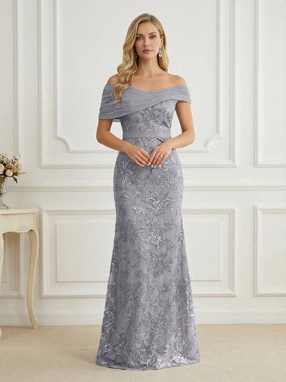 Mermaid Off Shoulder Short Sleeve Long Mother of the Bride Dress