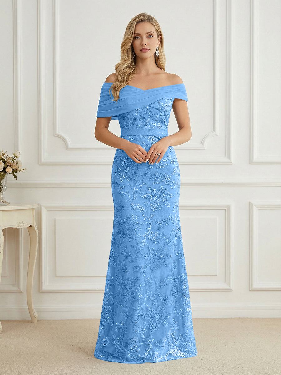 Mermaid Off Shoulder Short Sleeve Long Mother of the Bride Dress