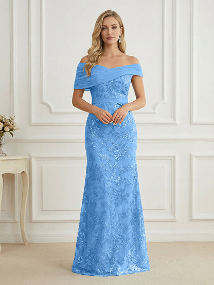 Mermaid Off Shoulder Short Sleeve Long Mother of the Bride Dress
