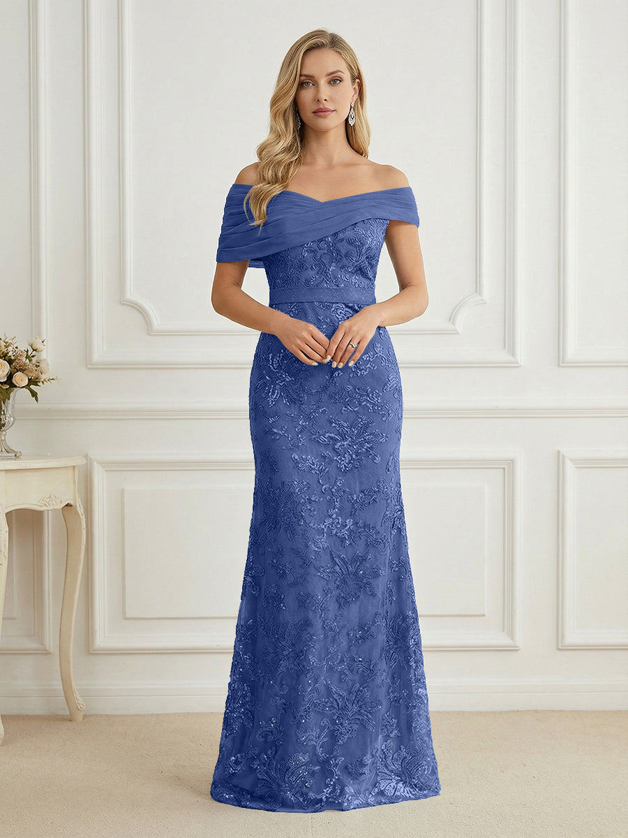 Mermaid Off Shoulder Short Sleeve Long Mother of the Bride Dress