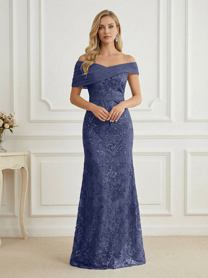 Mermaid Off Shoulder Short Sleeve Long Mother of the Bride Dress