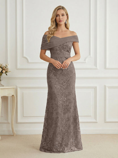 Mermaid Off Shoulder Short Sleeve Long Mother of the Bride Dress
