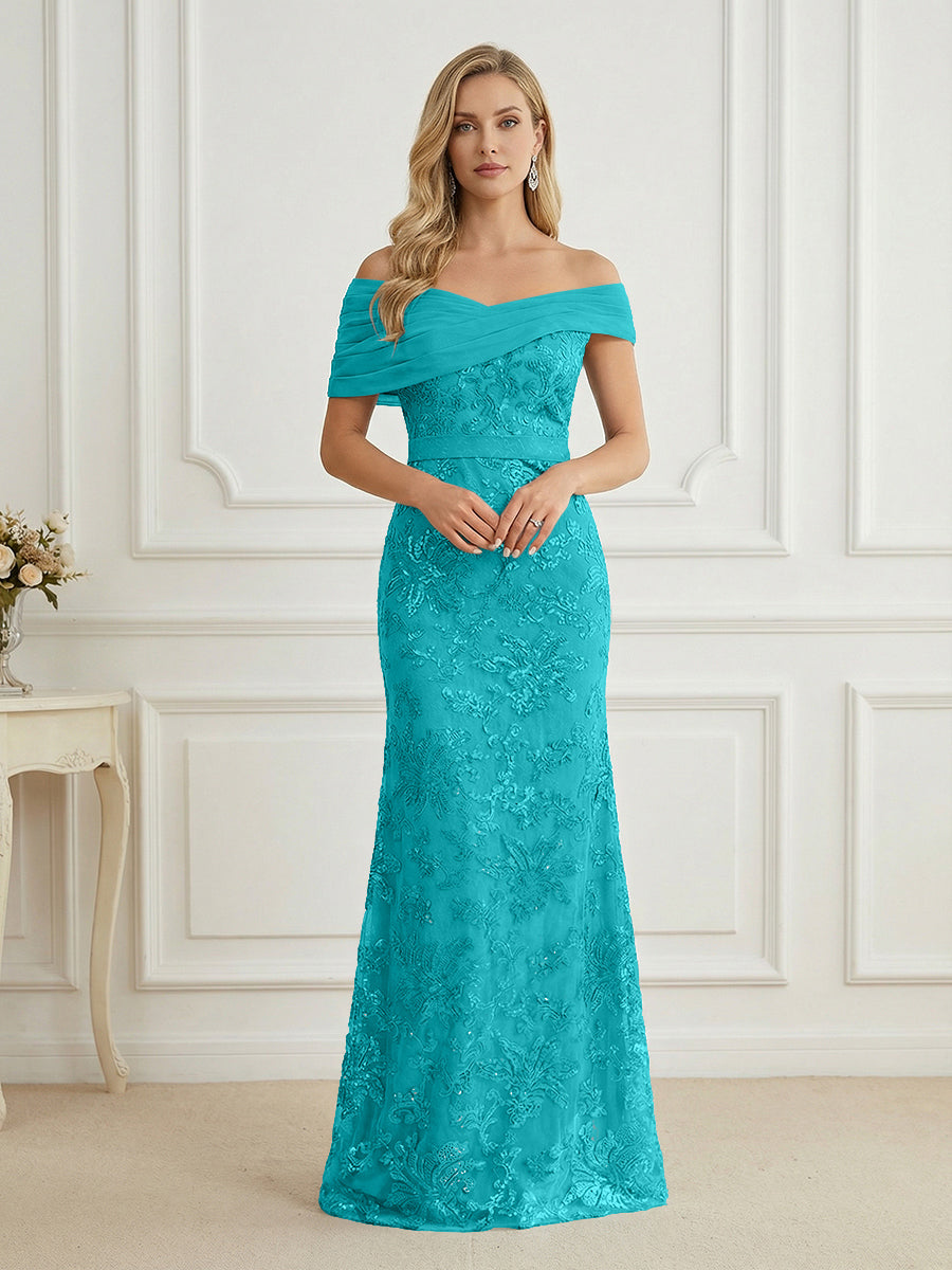 Mermaid Off Shoulder Short Sleeve Long Mother of the Bride Dress