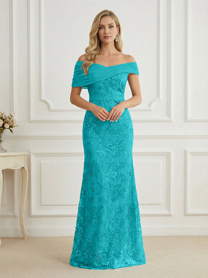 Mermaid Off Shoulder Short Sleeve Long Mother of the Bride Dress