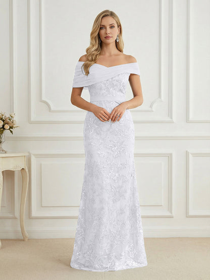 Mermaid Off Shoulder Short Sleeve Long Mother of the Bride Dress