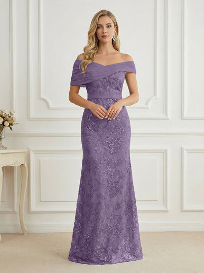 Mermaid Off Shoulder Short Sleeve Long Mother of the Bride Dress