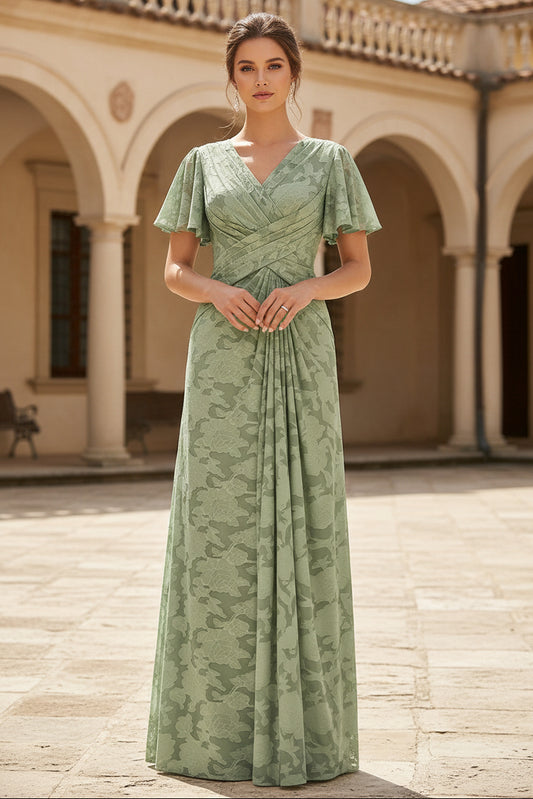 A Line V Neck Short Sleeve Floral Chiffon Ruched Mother of the Bride Dress