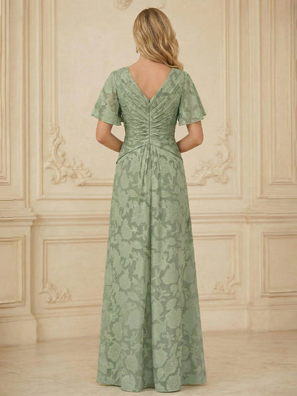 A Line V Neck Short Sleeve Floral Chiffon Ruched Mother of the Bride Dress