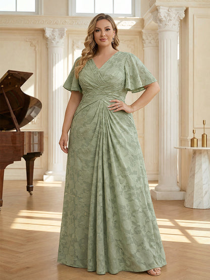 A Line V Neck Short Sleeve Floral Chiffon Ruched Mother of the Bride Dress