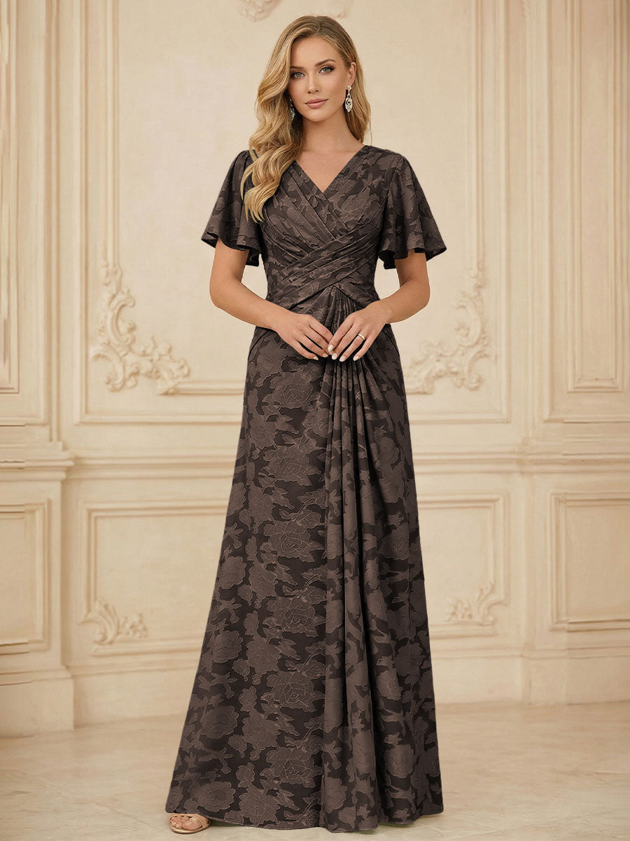 A Line V Neck Short Sleeve Floral Chiffon Ruched Mother of the Bride Dress
