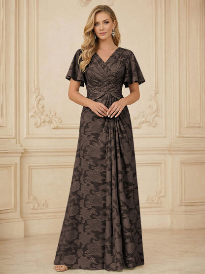 A Line V Neck Short Sleeve Floral Chiffon Ruched Mother of the Bride Dress