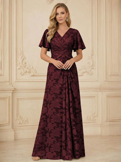 A Line V Neck Short Sleeve Floral Chiffon Ruched Mother of the Bride Dress